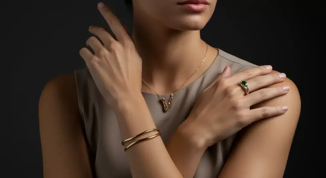 Model wearing sustainable luxury jewelry, highlighting ethical sourcing and contemporary design.