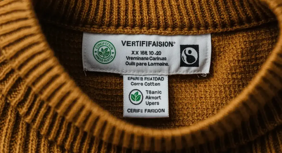 Garment tag with organic and fair trade certifications.