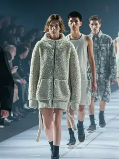 Models on a futuristic runway displaying accessible high-fashion collections for 2026.