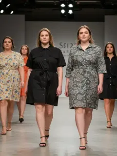 Models of diverse sizes celebrating size-inclusive fashion on a modern runway.