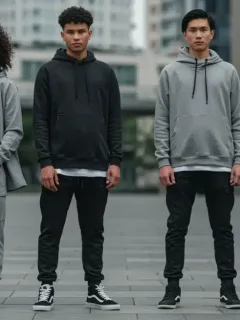 Diverse individuals modeling stylish gender-neutral clothing in a modern urban environment.