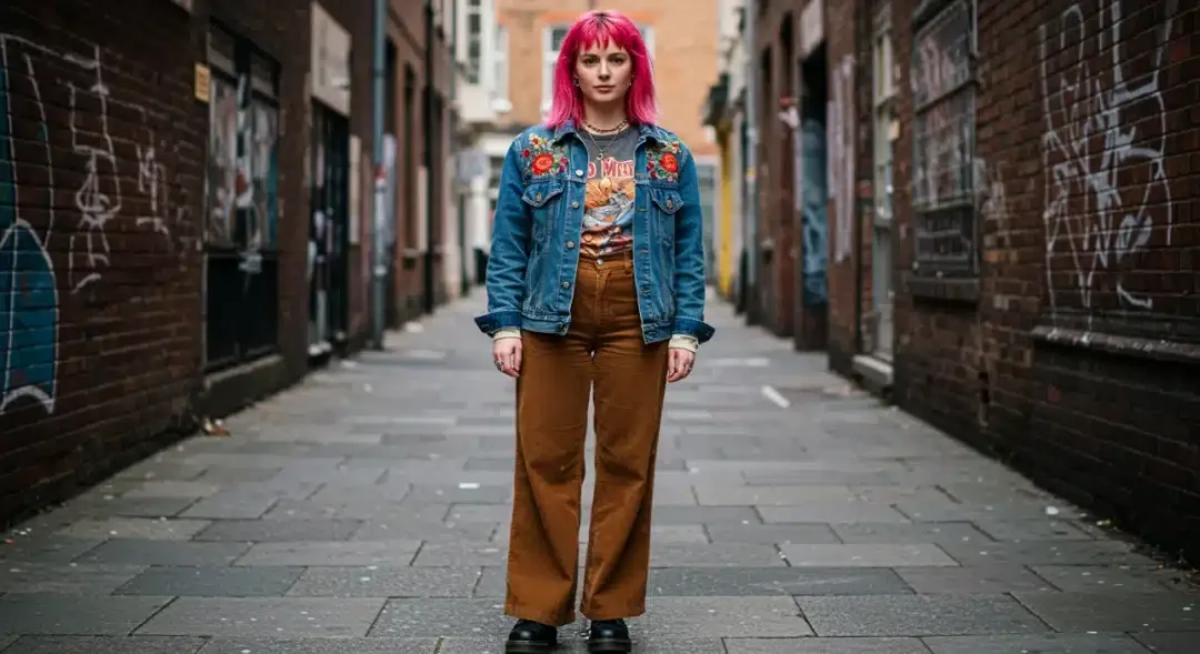 Fashionable person wearing a distinct vintage American outfit in an urban environment, highlighting sustainable style.