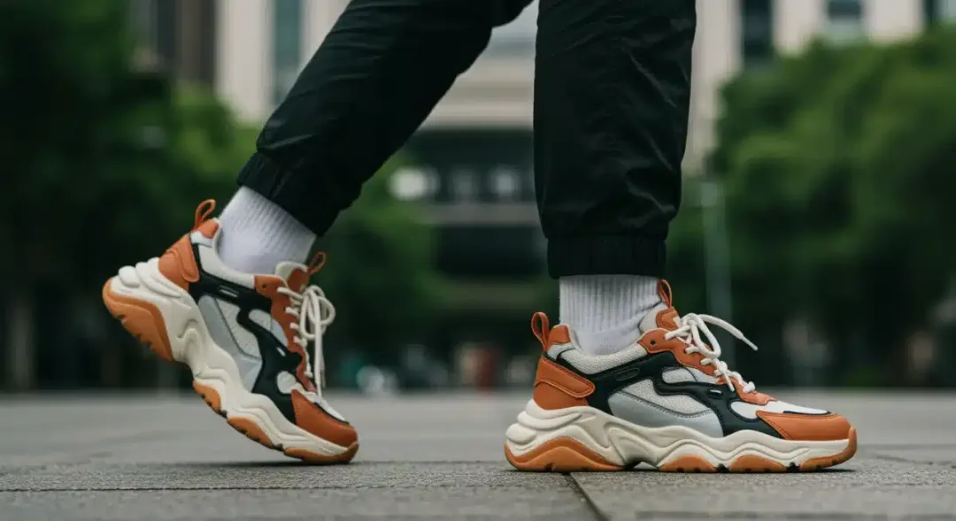 Person walking in chunky retro athletic shoes on a city street.