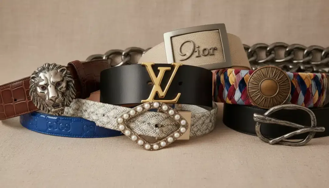 Collection of high-fashion designer belts with various buckles and textures