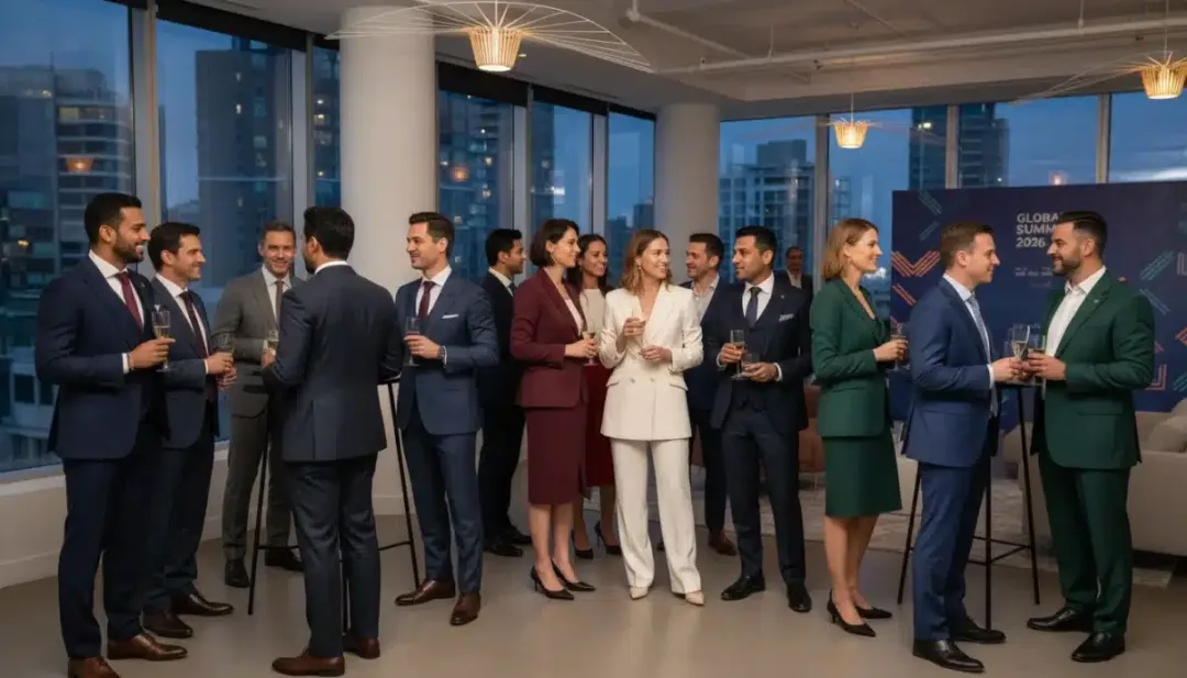 Professionals networking at a corporate event in business formal wear