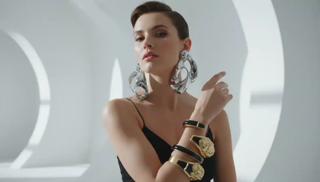 Model wearing oversized sculptural earrings and statement cuff, artistic jewelry
