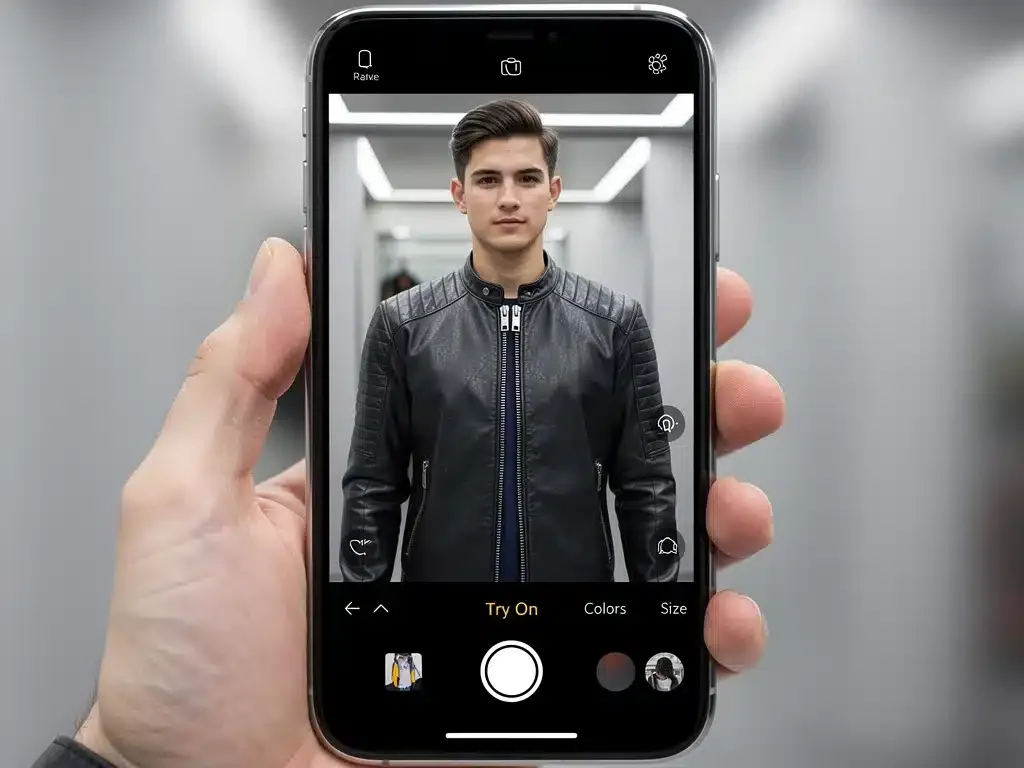 Realistic virtual jacket overlay on a smartphone screen from a try-on app