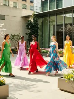 Models displaying Spring 2026 fashion trends with vibrant colors and flowing fabrics