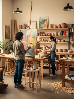People enjoying diverse creative hobbies in a bright studio
