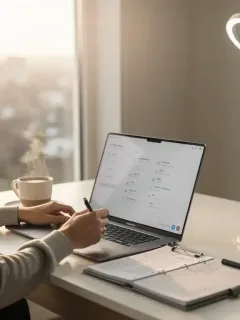 Person focused on laptop with coffee during a productive morning routine.