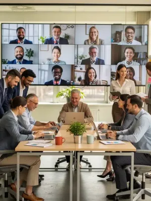 Professionals collaborating in a modern hybrid work environment, demonstrating balance and productivity.