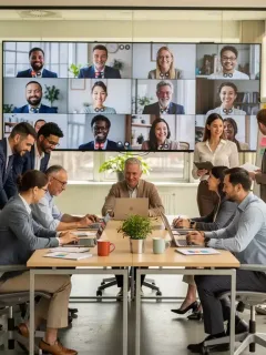 Professionals collaborating in a modern hybrid work environment, demonstrating balance and productivity.