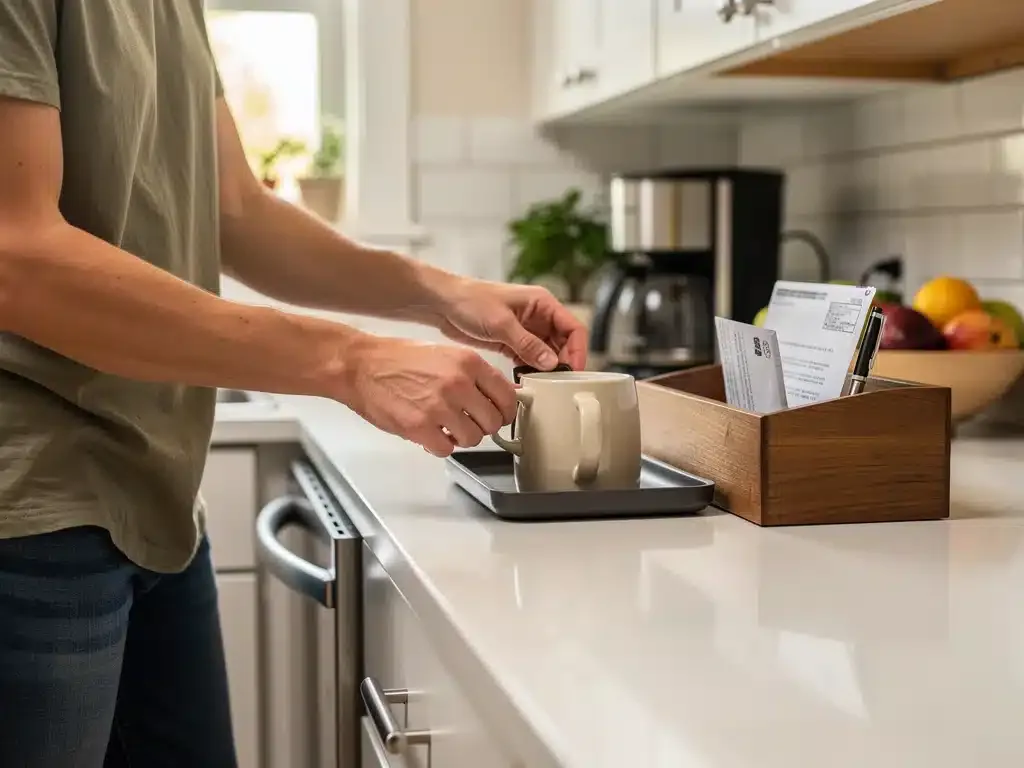 Person quickly organizing a kitchen counter in a U.S. home during a short decluttering session.