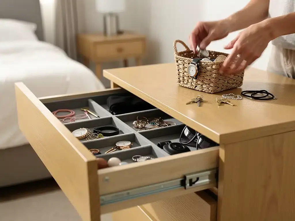 Hands sorting accessories on a bedroom dresser during a short home decluttering session.