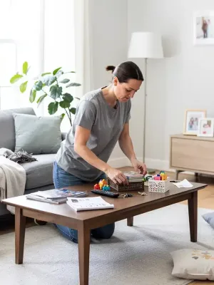Person quickly tidying a modern living room in a U.S. household, demonstrating a 10-minute declutter.
