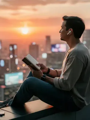 Person enjoying sunset, reading a book during digital detox