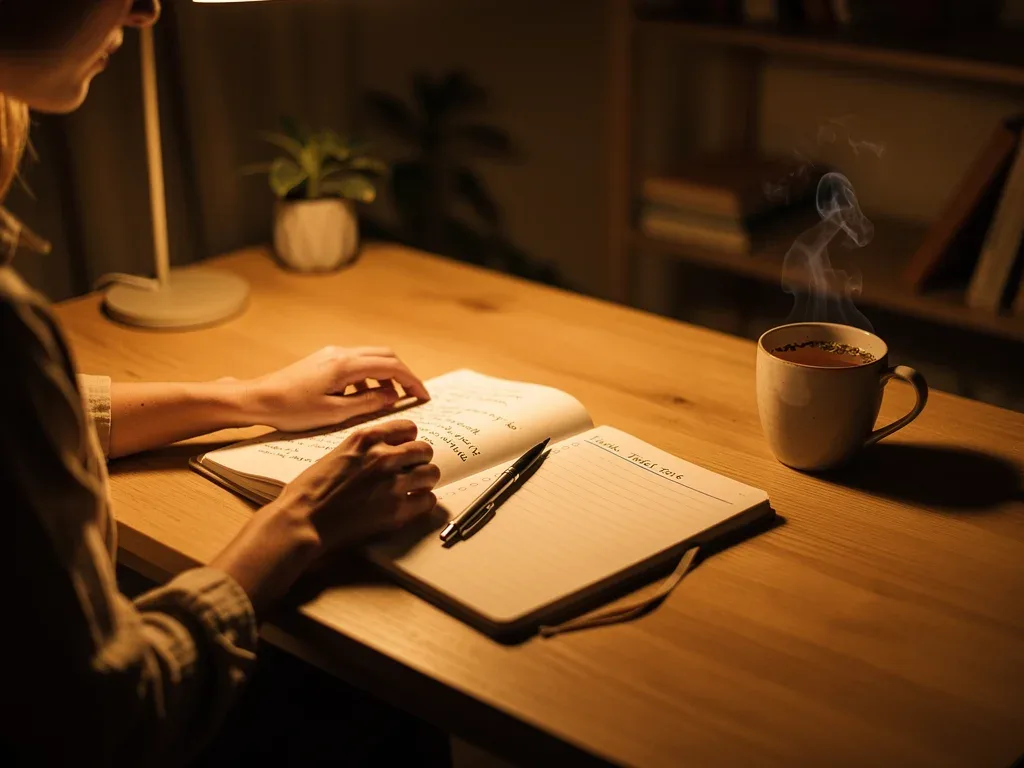 Woman organizing desk for 15-minute evening reset