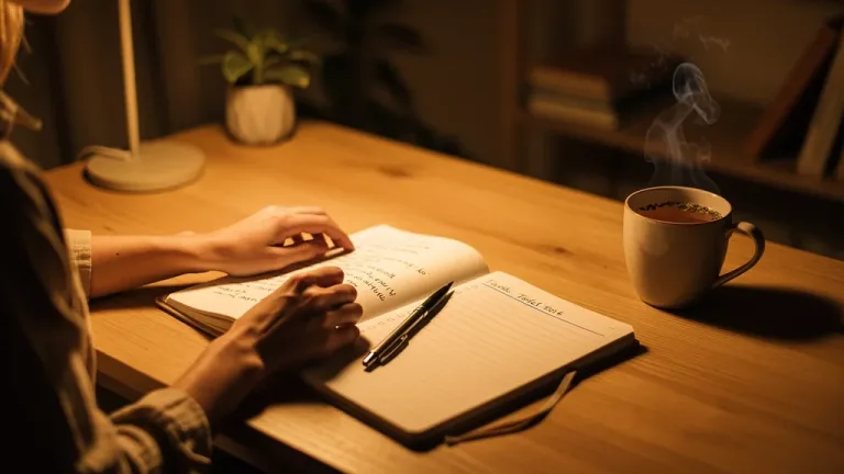 Woman organizing desk for 15-minute evening reset