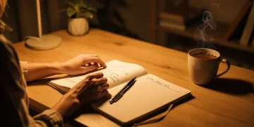 Woman organizing desk for 15-minute evening reset
