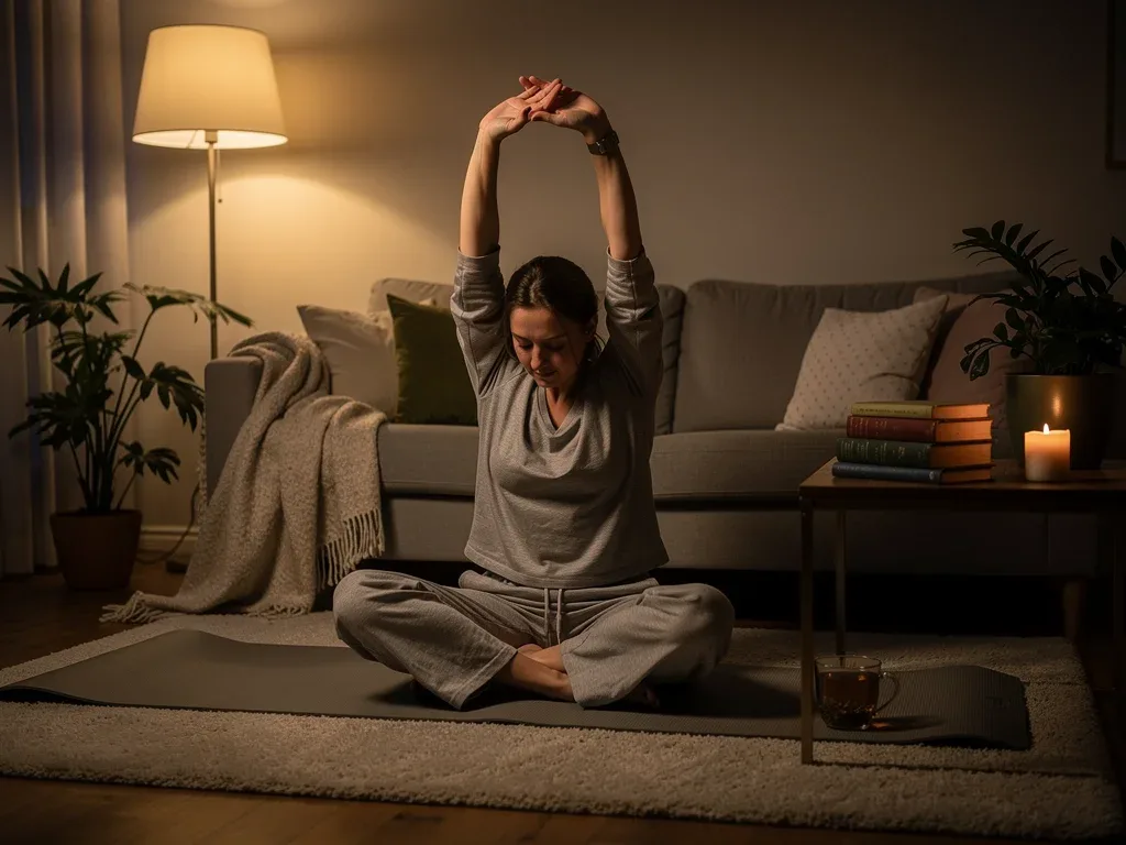 Person stretching and practicing mindfulness in evening