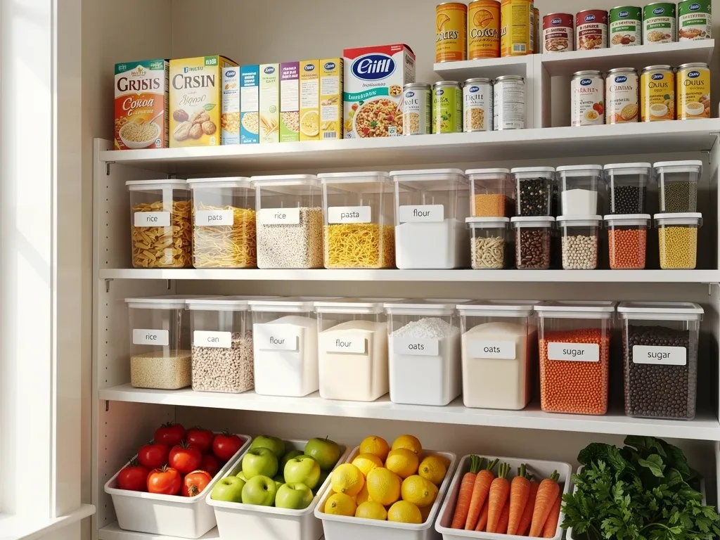 Organized pantry shelves showcasing the First-In, First-Out method for food waste reduction.