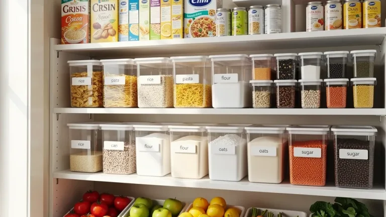 Organized pantry shelves showcasing the First-In, First-Out method for food waste reduction.