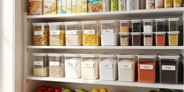 Organized pantry shelves showcasing the First-In, First-Out method for food waste reduction.