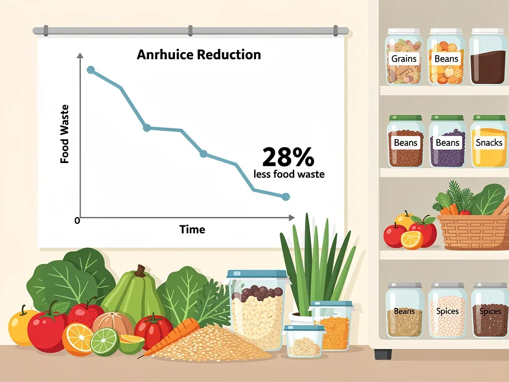 Infographic illustrating a 28% reduction in household food waste due to smart pantry management.