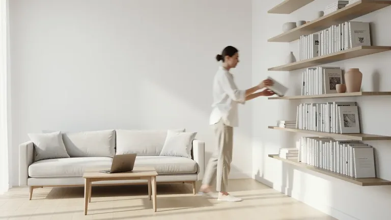 Woman quickly organizing a book in a minimalist, clutter-free living room, applying the 2-minute rule.