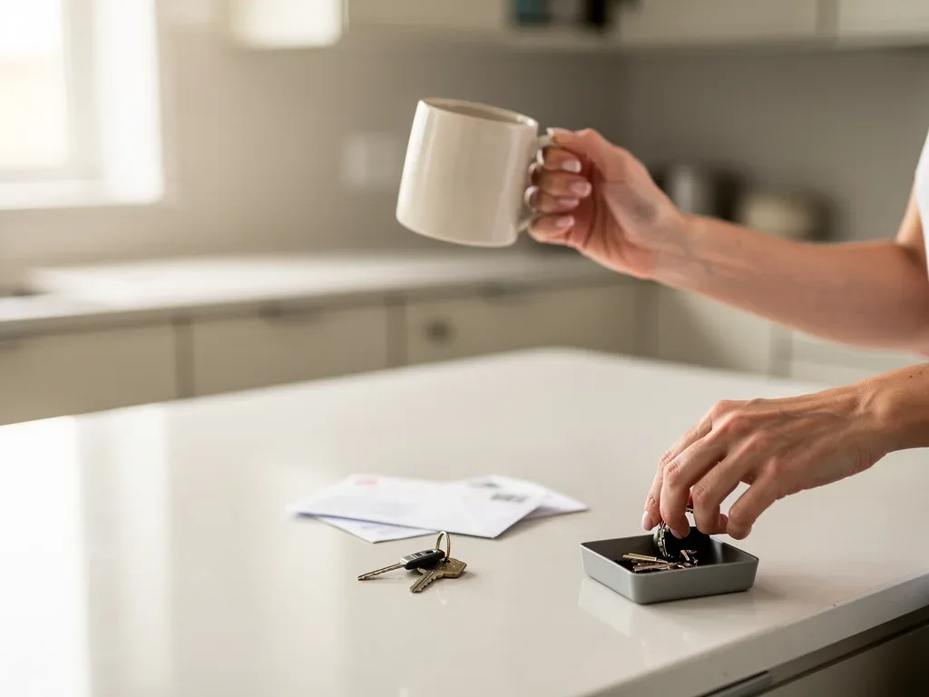 Hands quickly putting away a small item on a clean kitchen counter, demonstrating the 2-minute rule.
