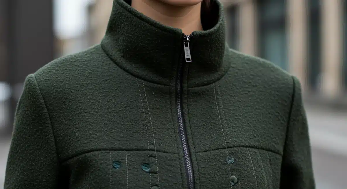 Detailed view of an accessible high-fashion garment, showcasing intricate design and sustainable materials.