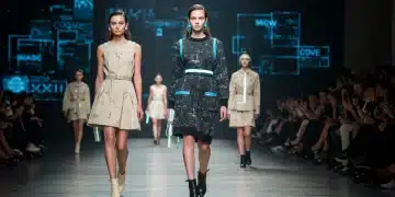 Futuristic fashion runway showcasing AI-influenced designs in 2026