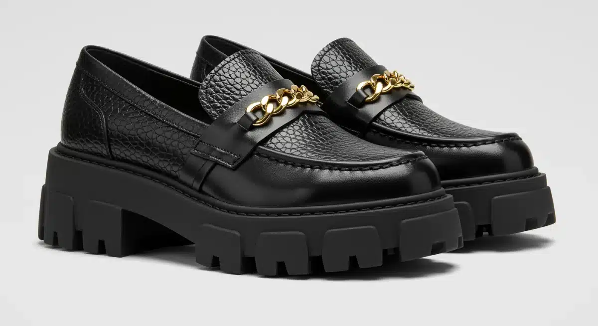 Chunky loafers with metallic details, a key Fall 2026 footwear trend.