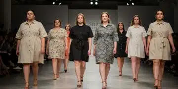 Models of diverse sizes celebrating size-inclusive fashion on a modern runway.