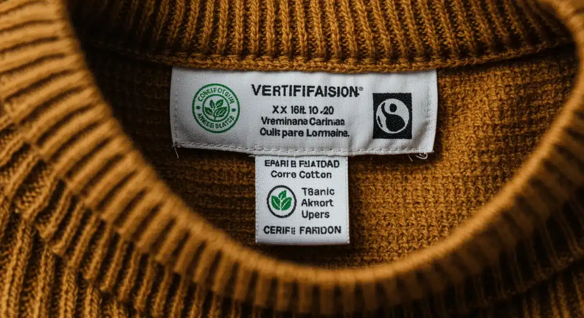 Garment tag with organic and fair trade certifications.