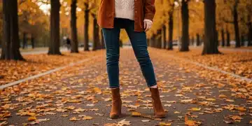 Stylish woman wearing trendy fall boots on an autumn day.
