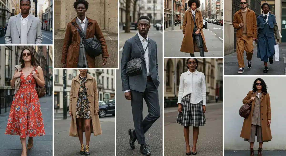 Diverse people wearing accessible high-fashion pieces in everyday urban environments.