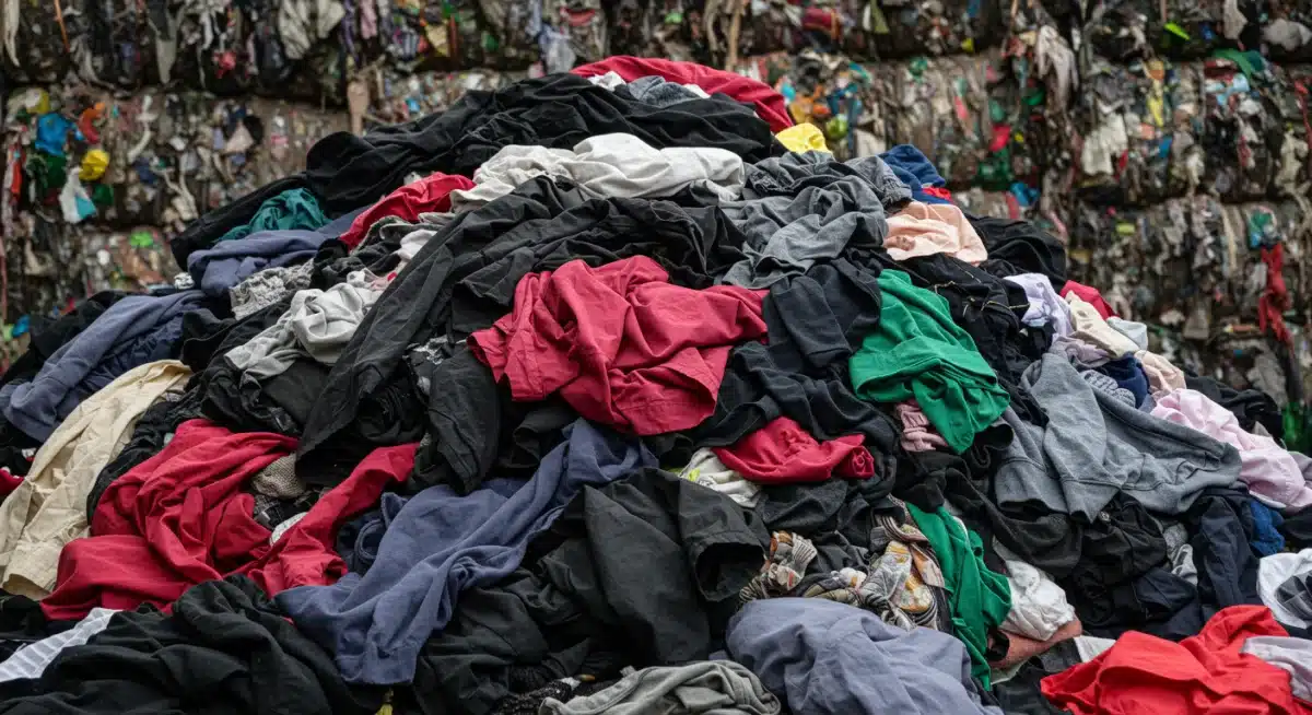 Pile of discarded fast fashion clothing in a landfill, symbolizing waste.