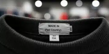 Close-up of a frayed clothing label from a fast fashion item, highlighting poor manufacturing.