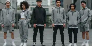Diverse individuals modeling stylish gender-neutral clothing in a modern urban environment.