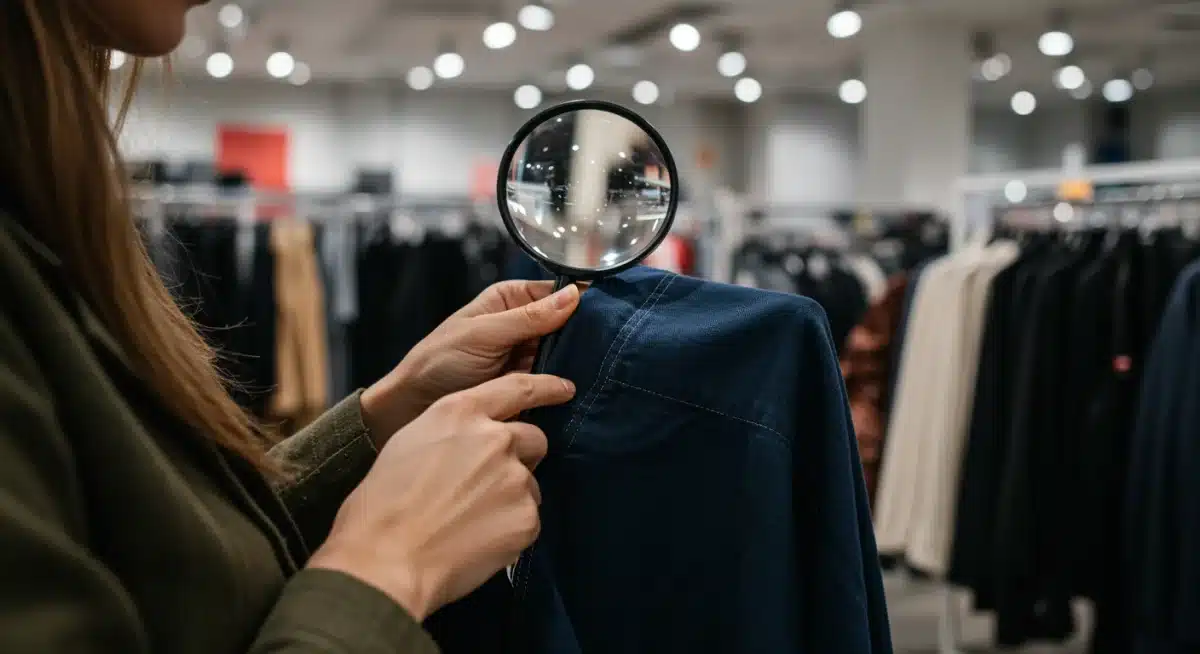 Person inspecting garment stitching for quality in a retail store.