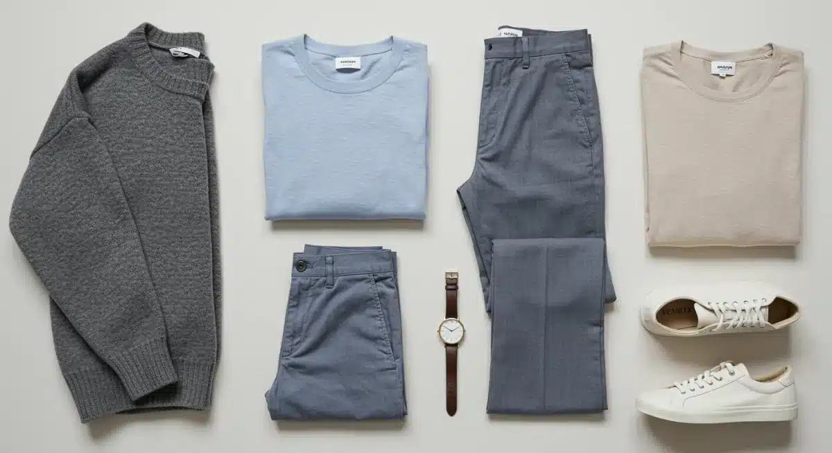 Flat lay of versatile gender-neutral clothing items in muted tones, showcasing minimalist design.