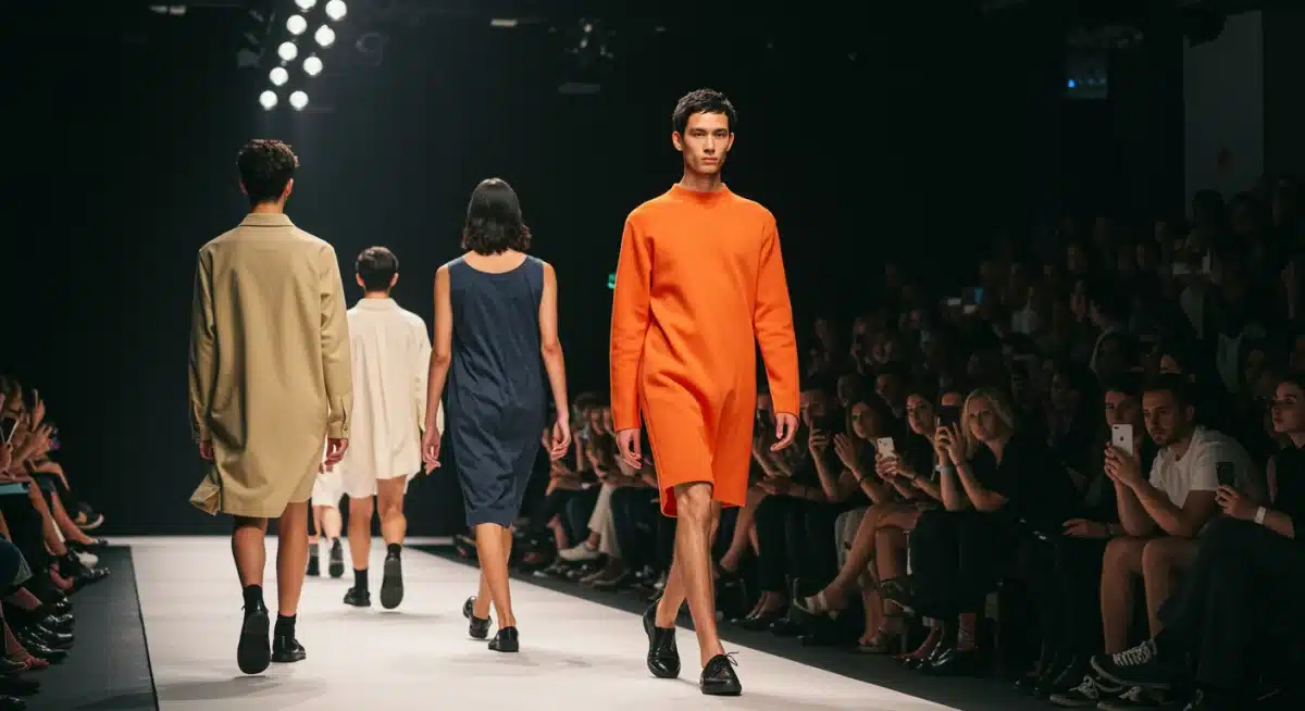 Models confidently presenting gender-neutral apparel on a fashion runway, emphasizing fluidity.