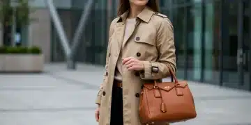 Woman in classic trench coat and luxury handbag, embodying smart wardrobe investments for 2026 fashion