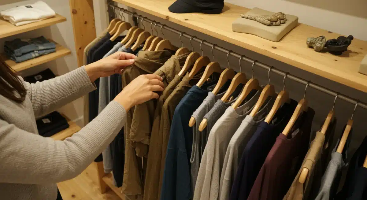 Hands browsing sustainable clothing rack in a minimalist eco-boutique.