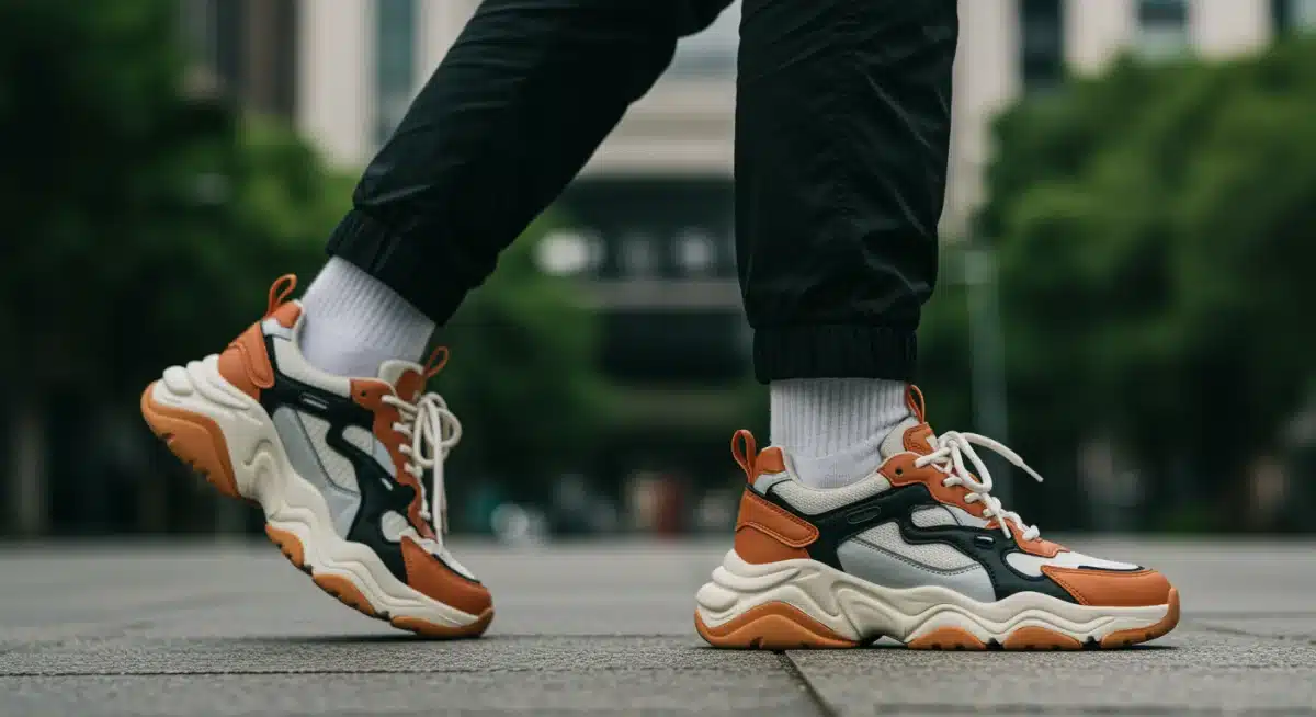 Person walking in chunky retro athletic shoes on a city street.