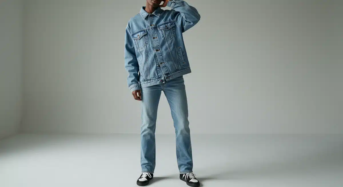 Model in light-wash, distressed denim-on-denim outfit, illustrating a popular future trend.