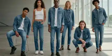 Stylish young adults wearing diverse denim trends for 2026 in an urban setting, reflecting modern U.S. fashion.