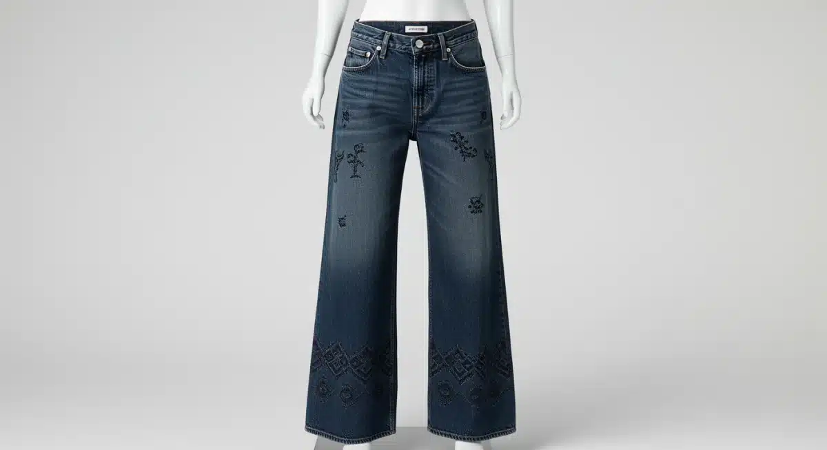 Close-up of wide-leg, dark-wash denim jeans with embroidery, showcasing a key 2026 trend.