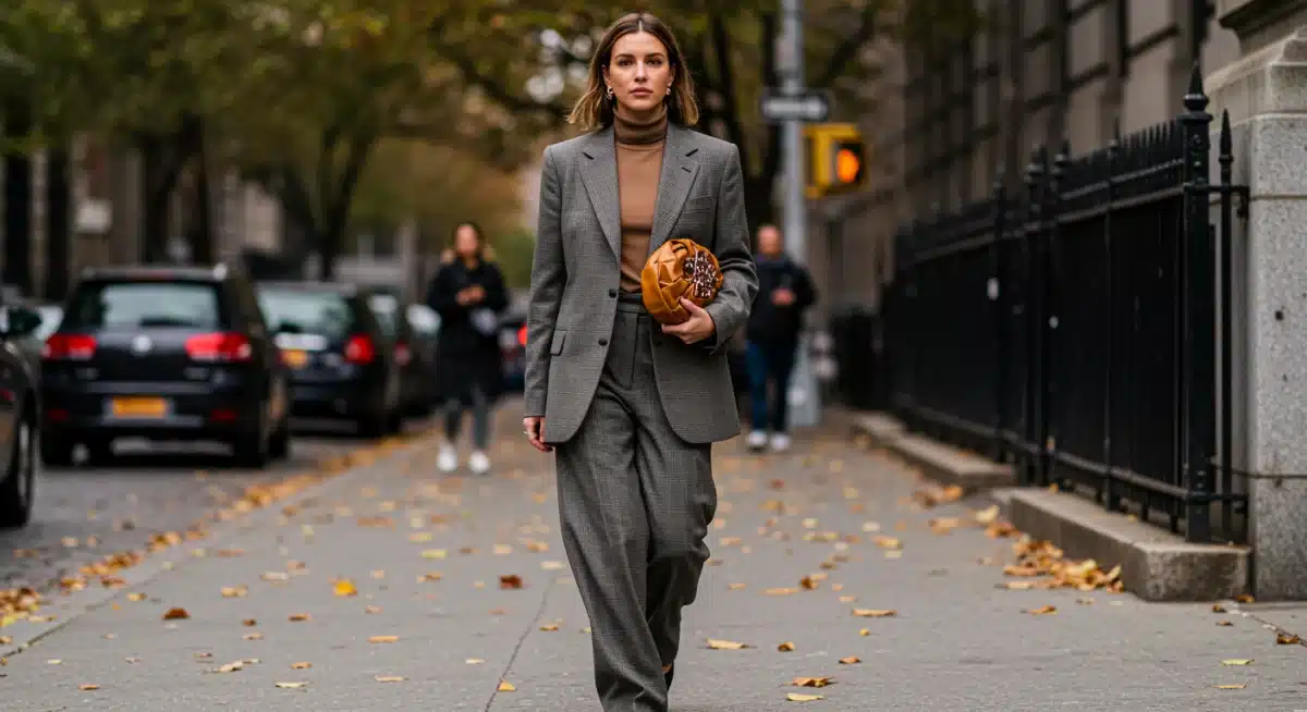 American woman in street style outfit, Fall 2026 trend